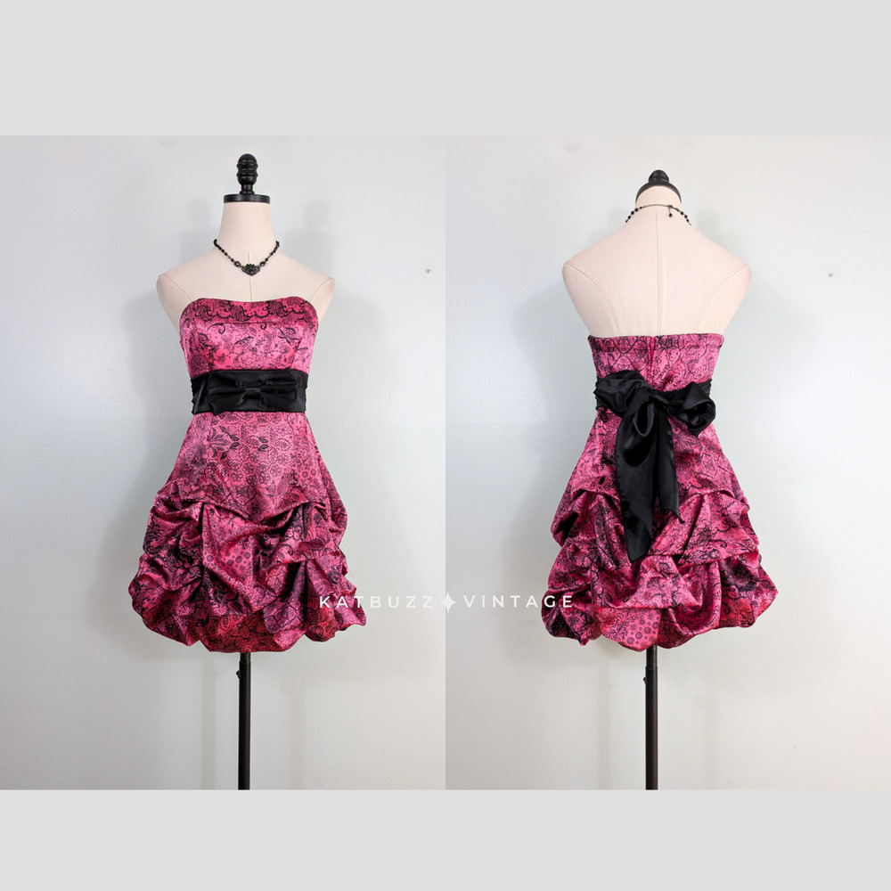 Vintage Prom Dress Mini Gown 6 Pink Black Floral Y2K Hoco Bubble Bow Strapless